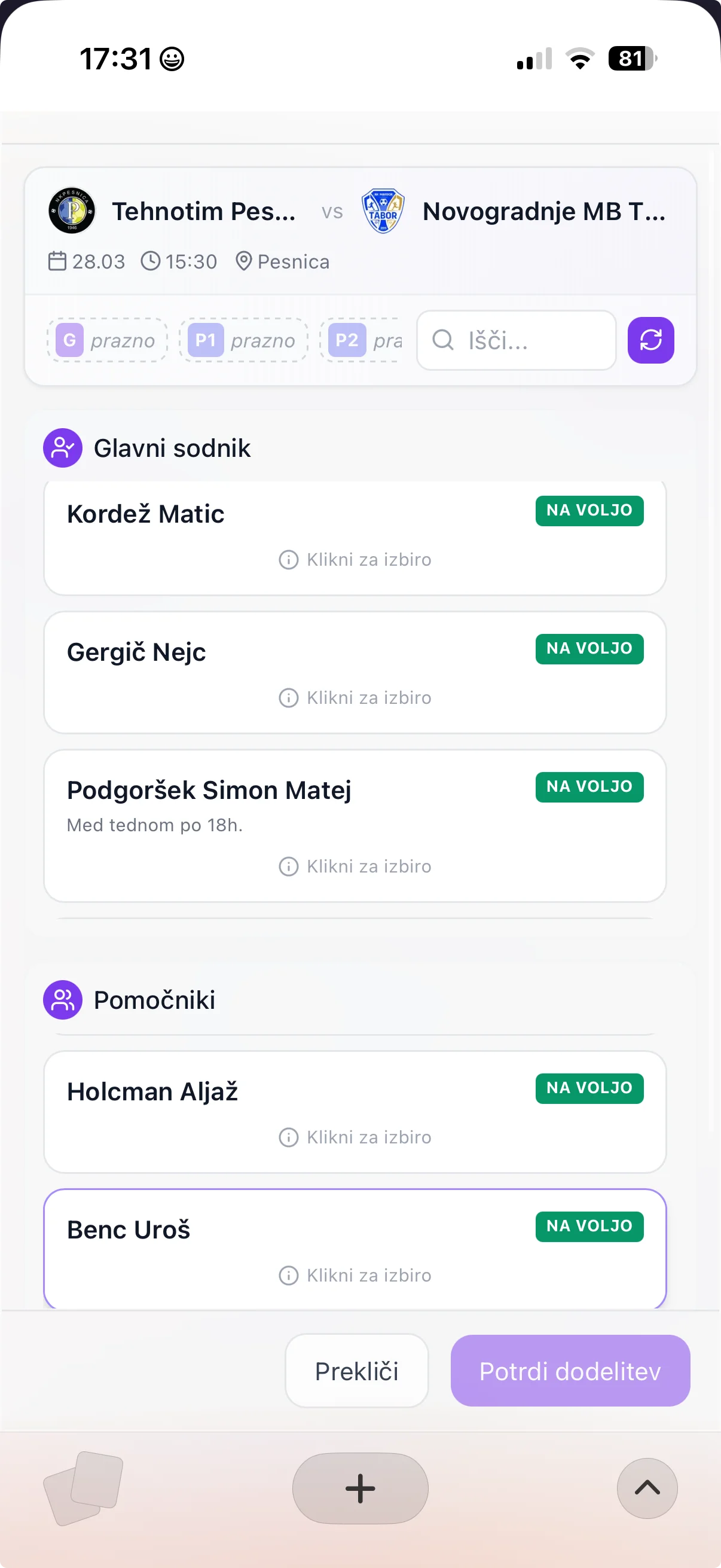 Delegiraj.si - izbira sodnikov na mobilni različici